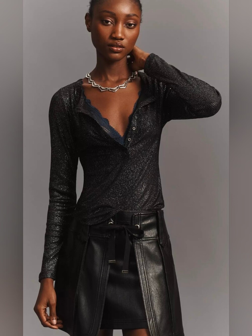Anthropologie Black Metallic Long-Sleeve Henley Top - Picture 4 of 5